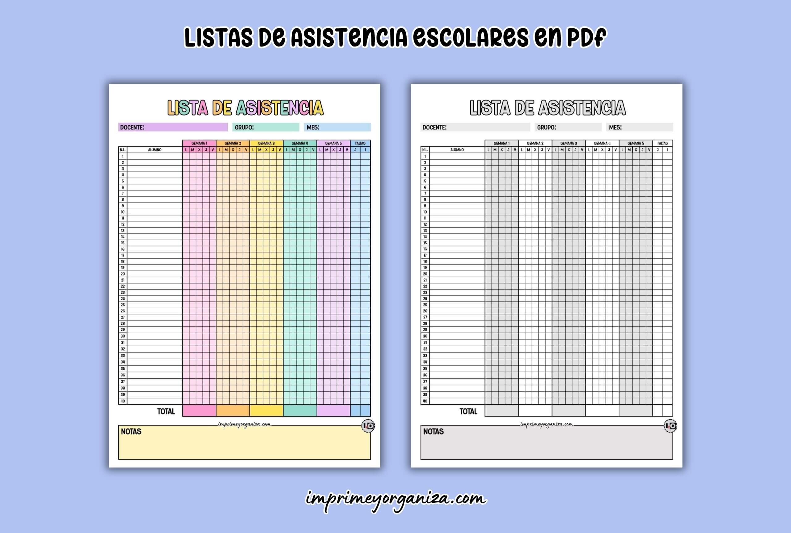 listas de asistencia escolares para imprimir en PDF gratis