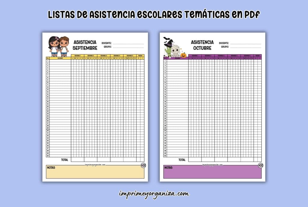 listas de asistencia escolares temáticas para imprimir en PDF gratis