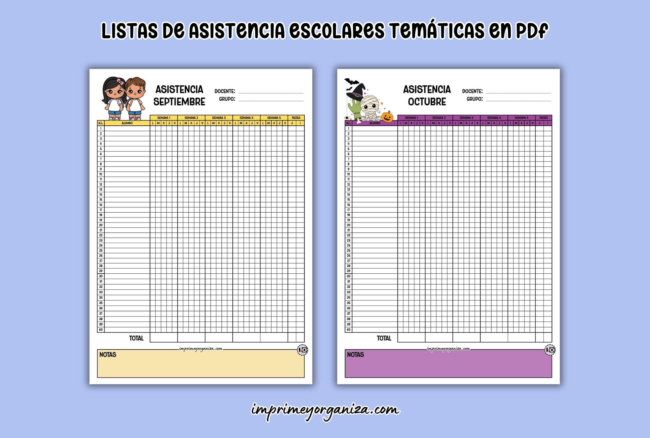 listas de asistencia escolares temáticas para imprimir en PDF gratis