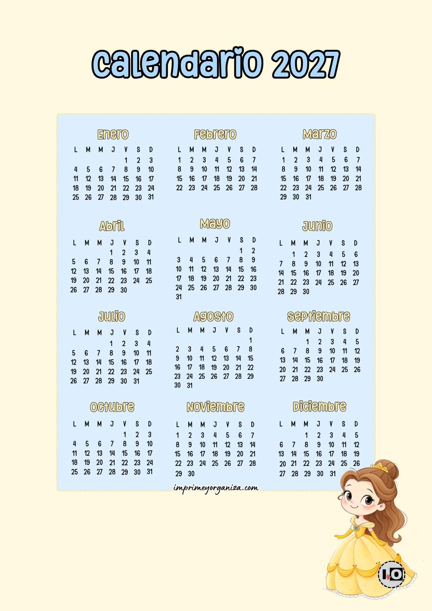 Calendario anual 2027 Bella