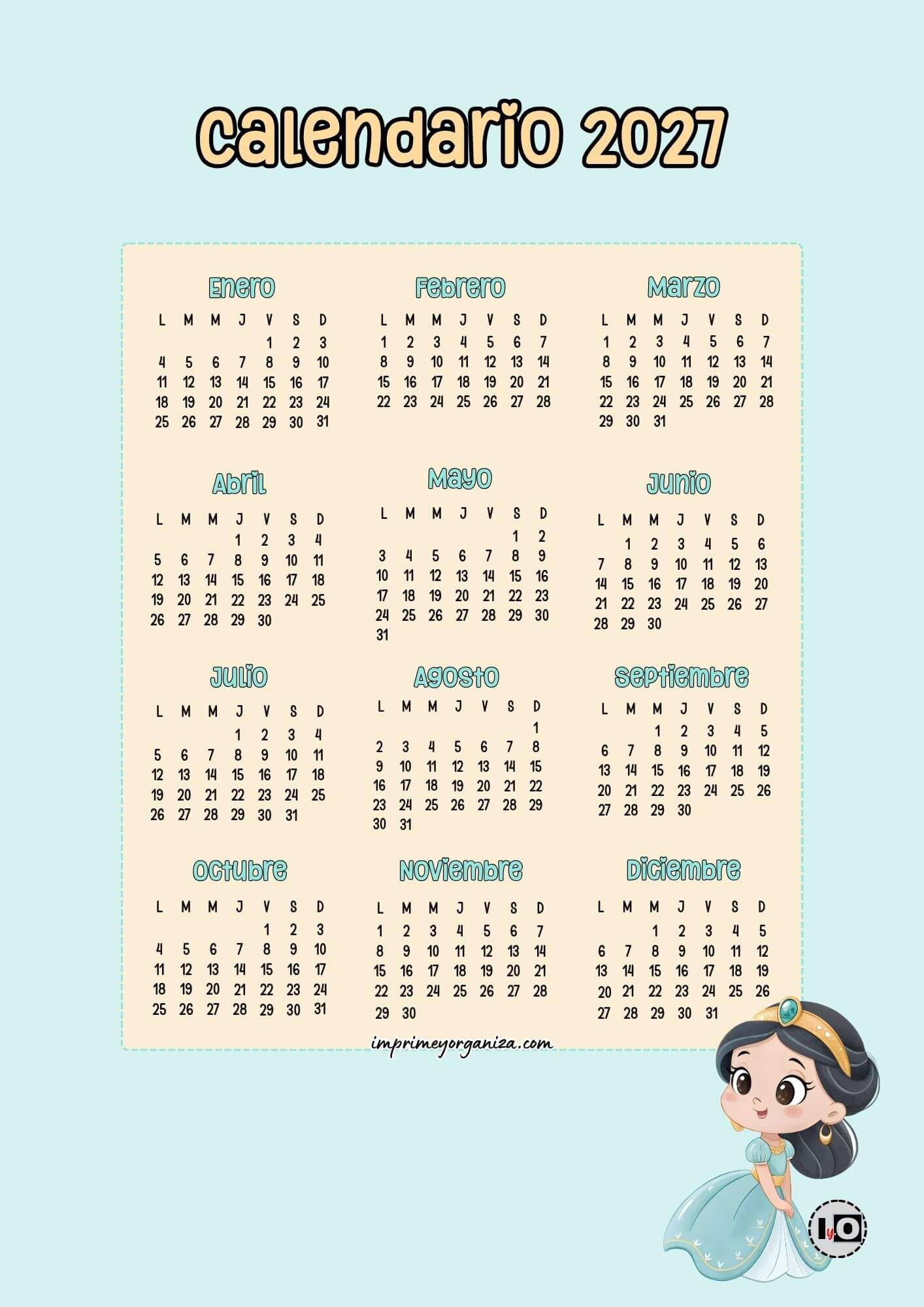 Calendario anual 2027 Jasmine