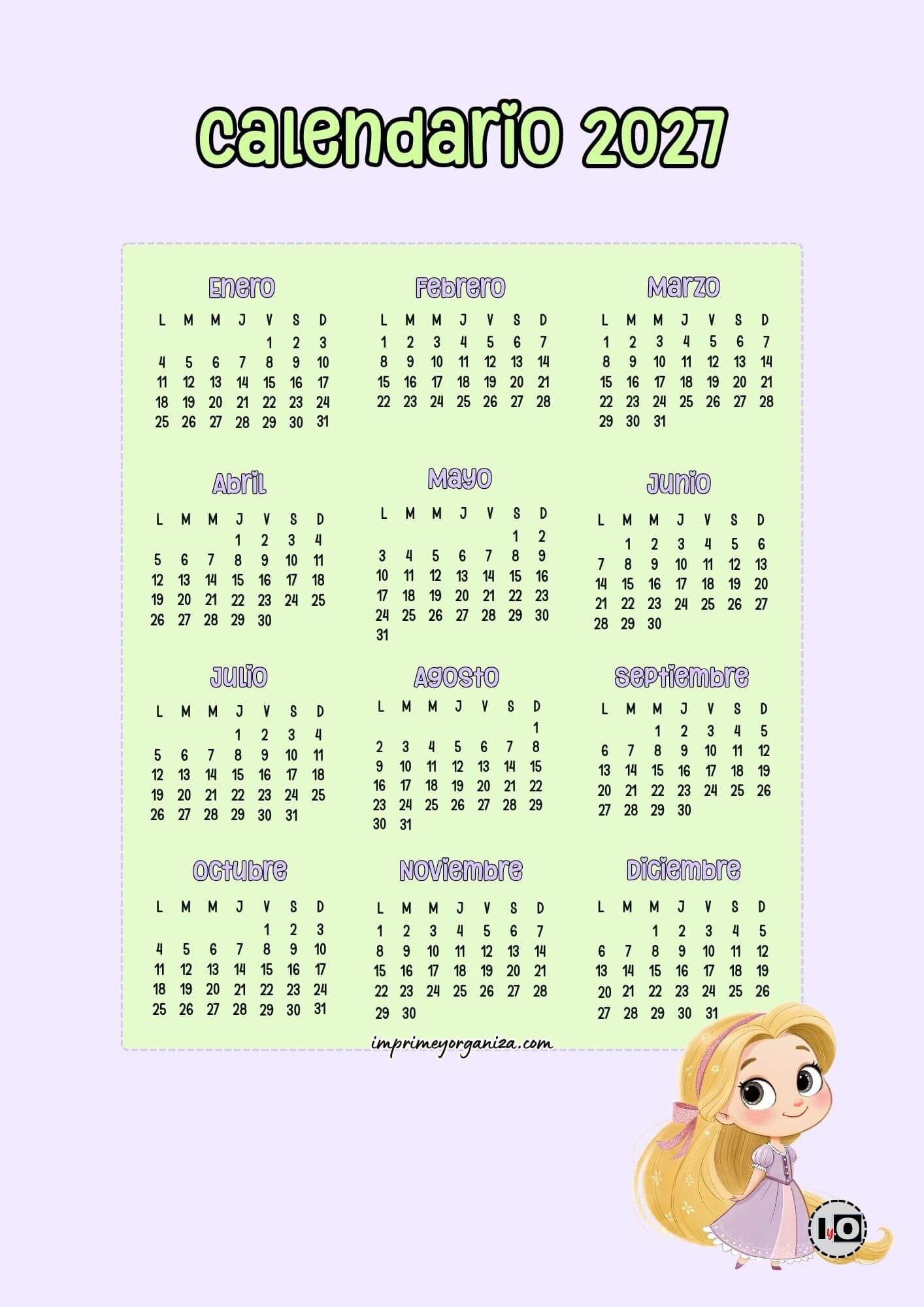 Calendario anual 2027 Rapunzel