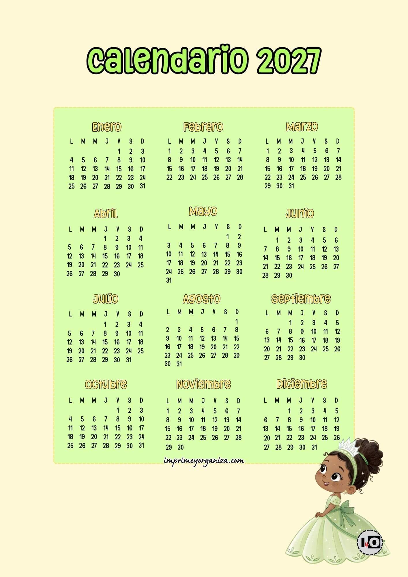 Calendario anual 2027 Tiana
