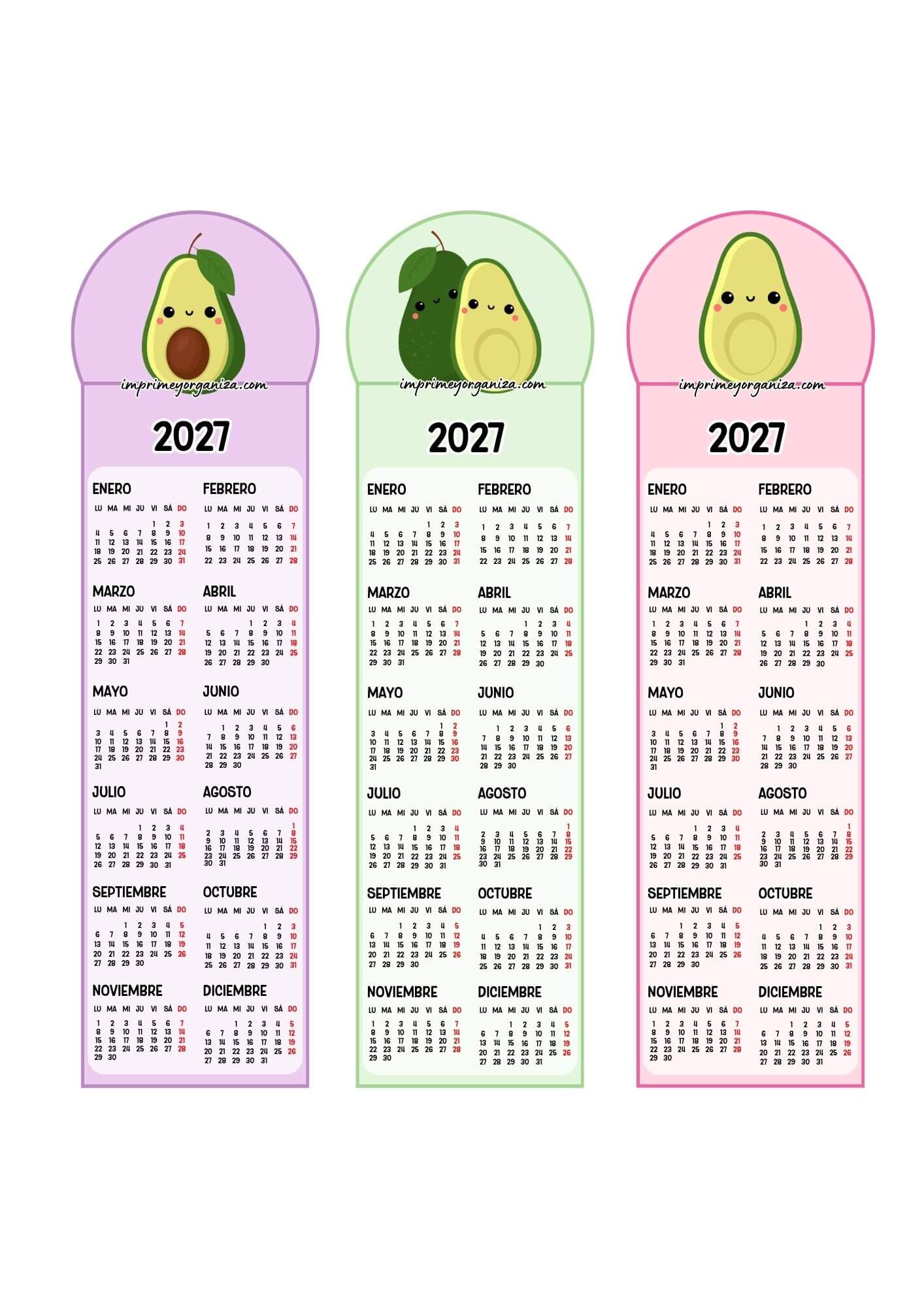 Calendarios Marcapáginas 2027 Aguacates Kawaii