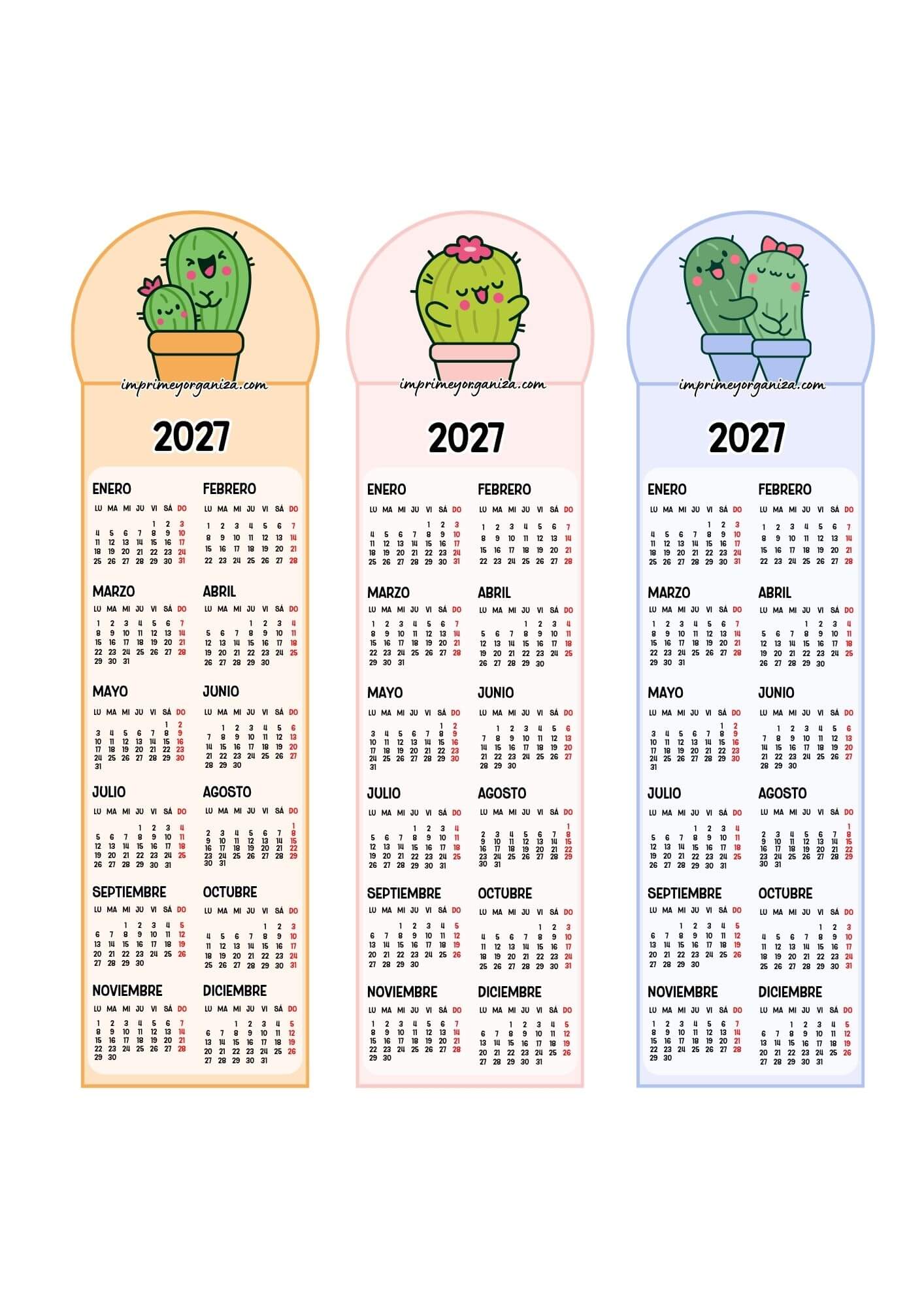 Calendarios Marcapáginas 2027 Cactus Kawaii