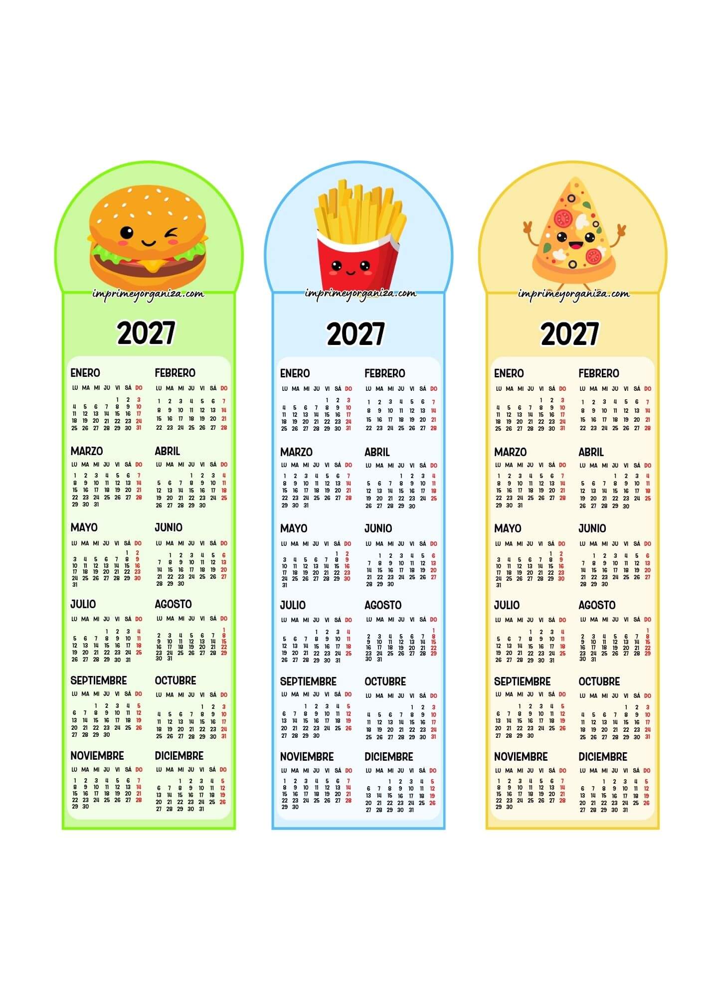 Calendarios Marcapáginas 2027 Comida Kawaii