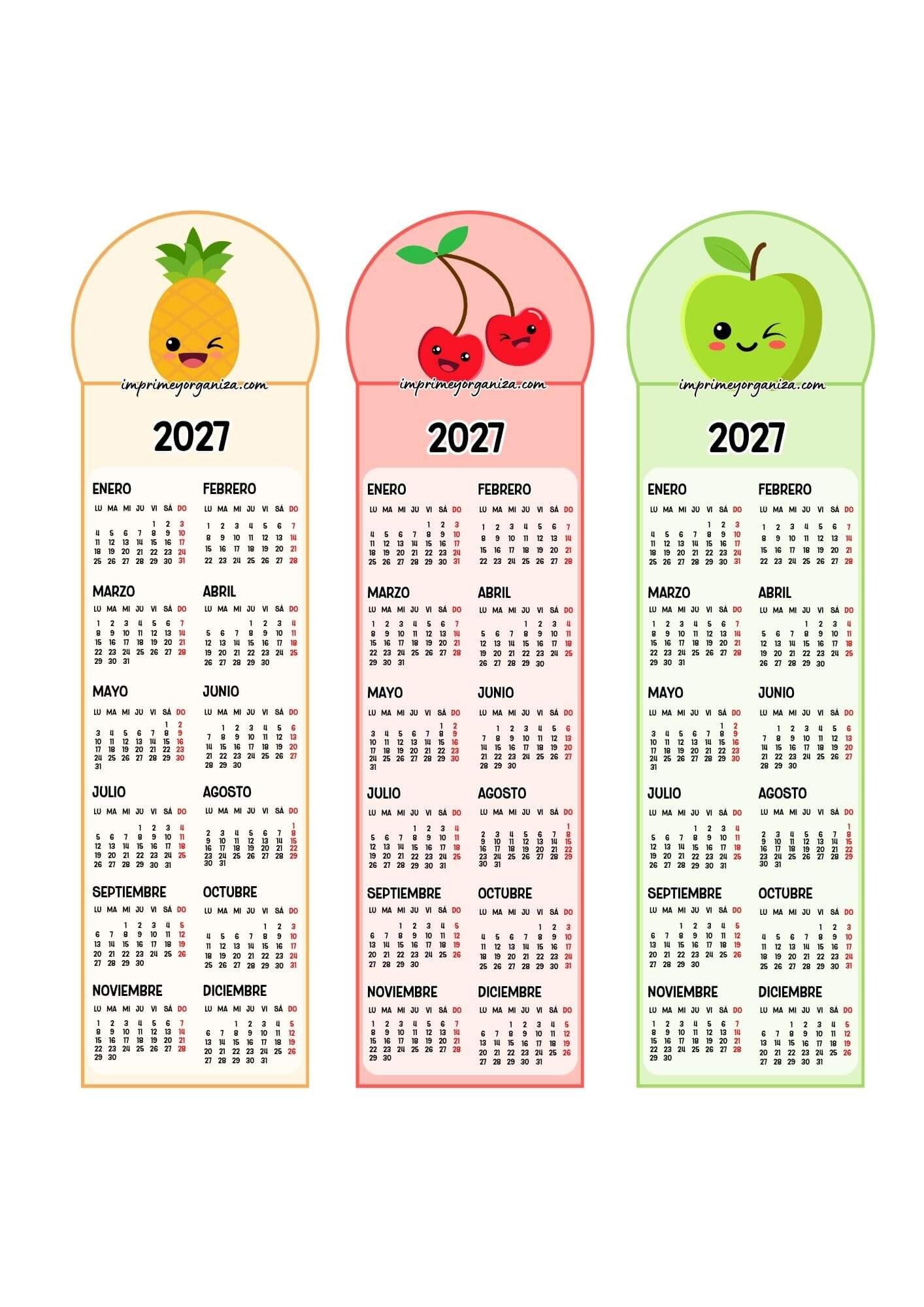 Calendarios Marcapáginas 2027 Frutas Kawaii