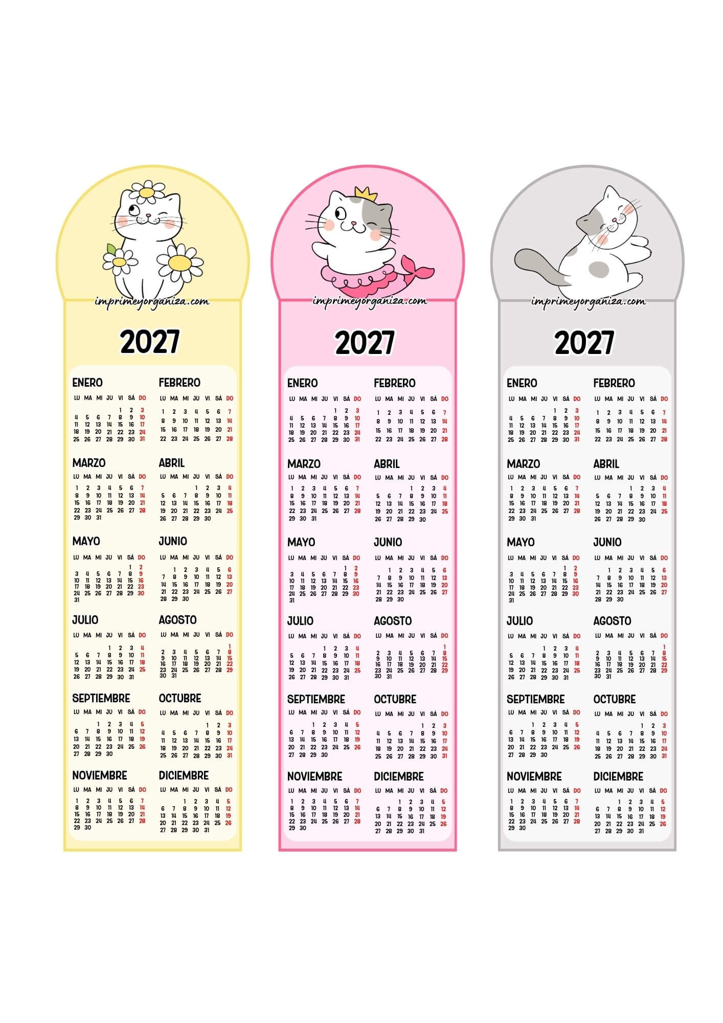 Calendarios Marcapáginas 2027 Gatitos Kawaii