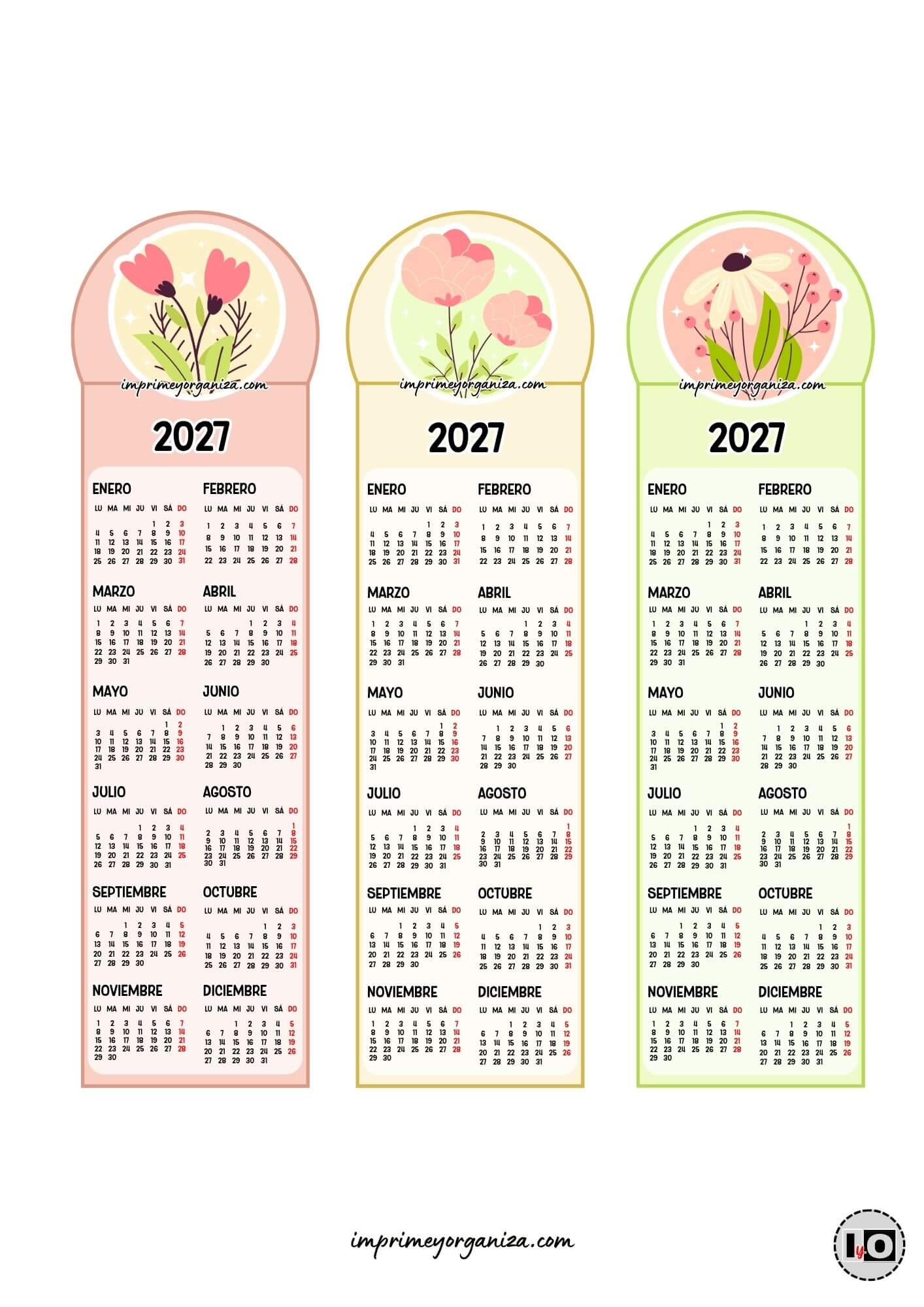 Calendarios Marcapáginas 2027 florecillas pastel