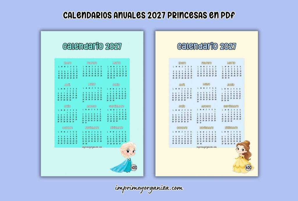 calendarios anuales 2027 princesas para imprimir en PDF gratis