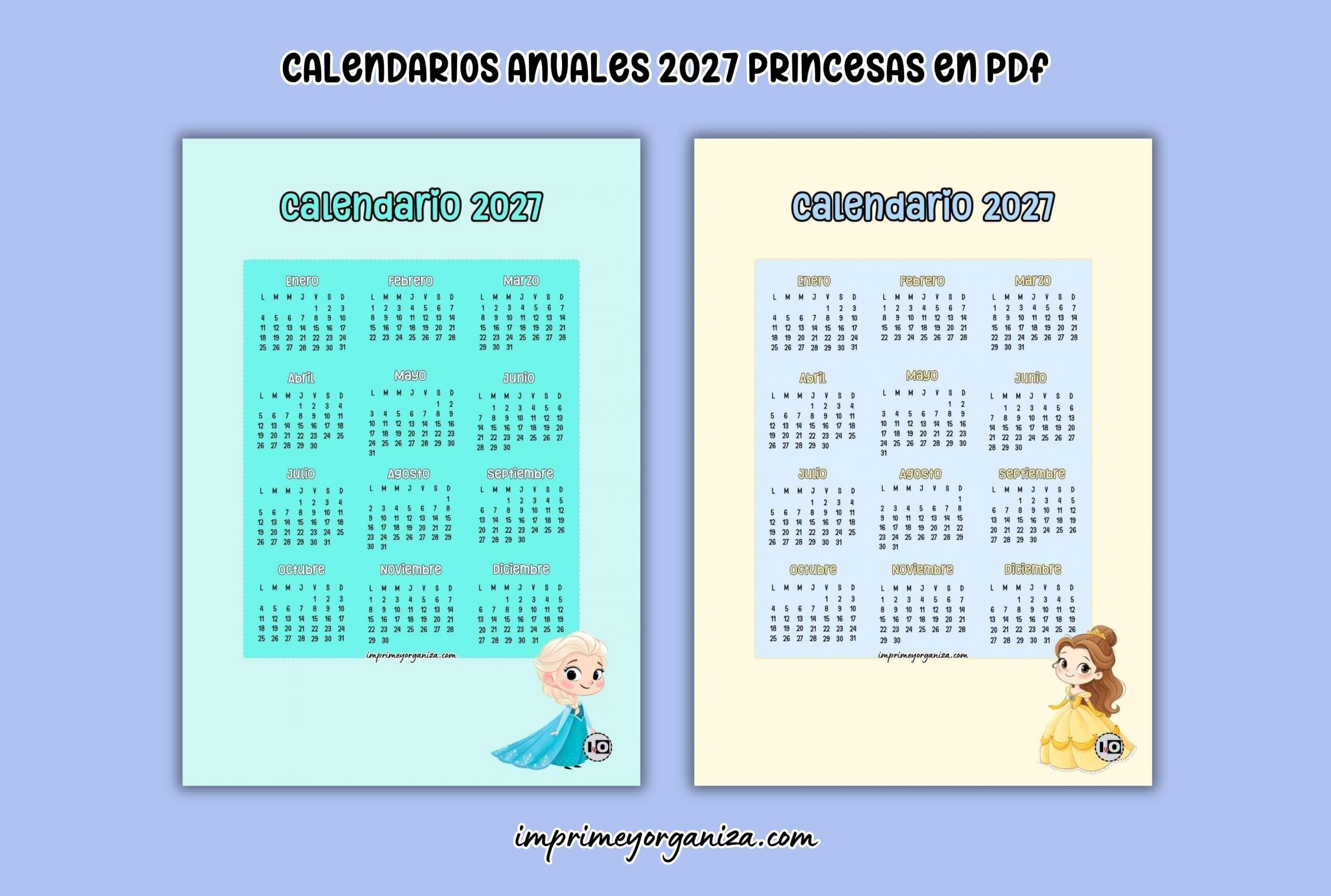 calendarios anuales 2027 princesas para imprimir en PDF gratis