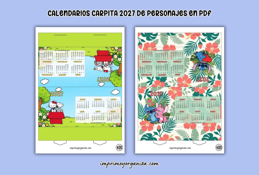 calendarios tipo carpita de personajes 2027 para imprimir en PDF gratis