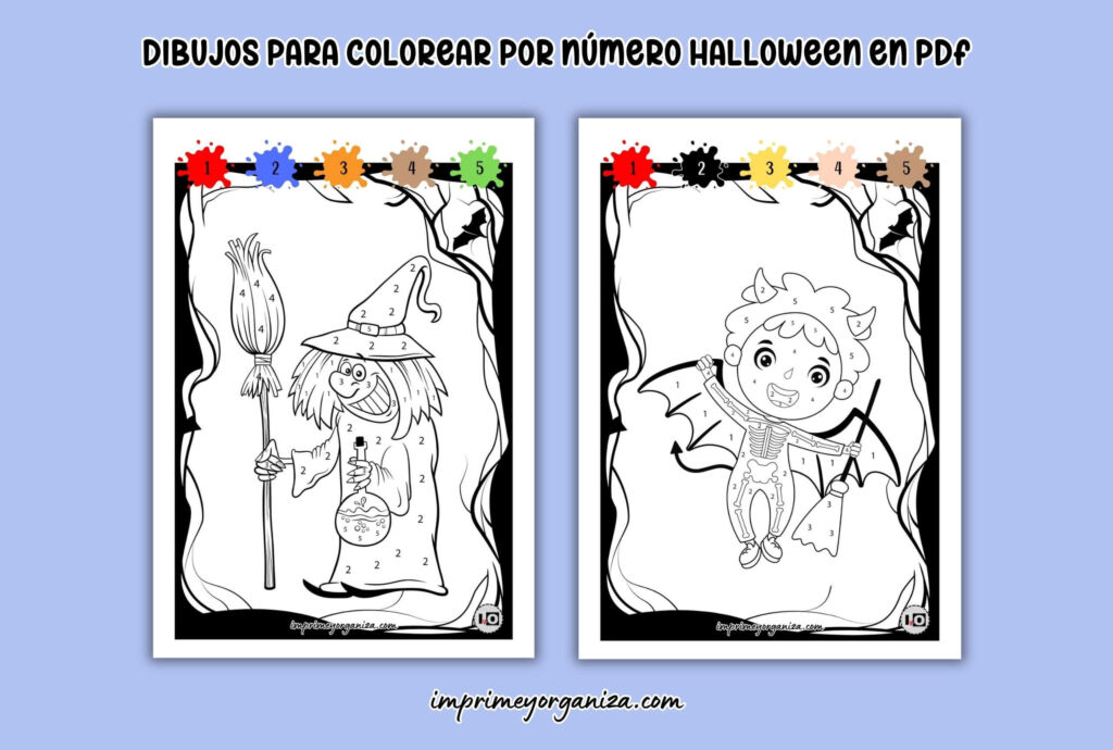 dibujos para colorear por número de halloween para imprimir en PDF gratis