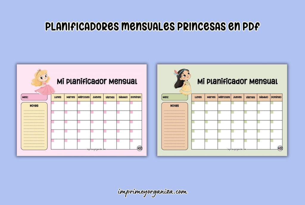 planificadores mensuales de princesas pastel para imprimir en PDF gratis