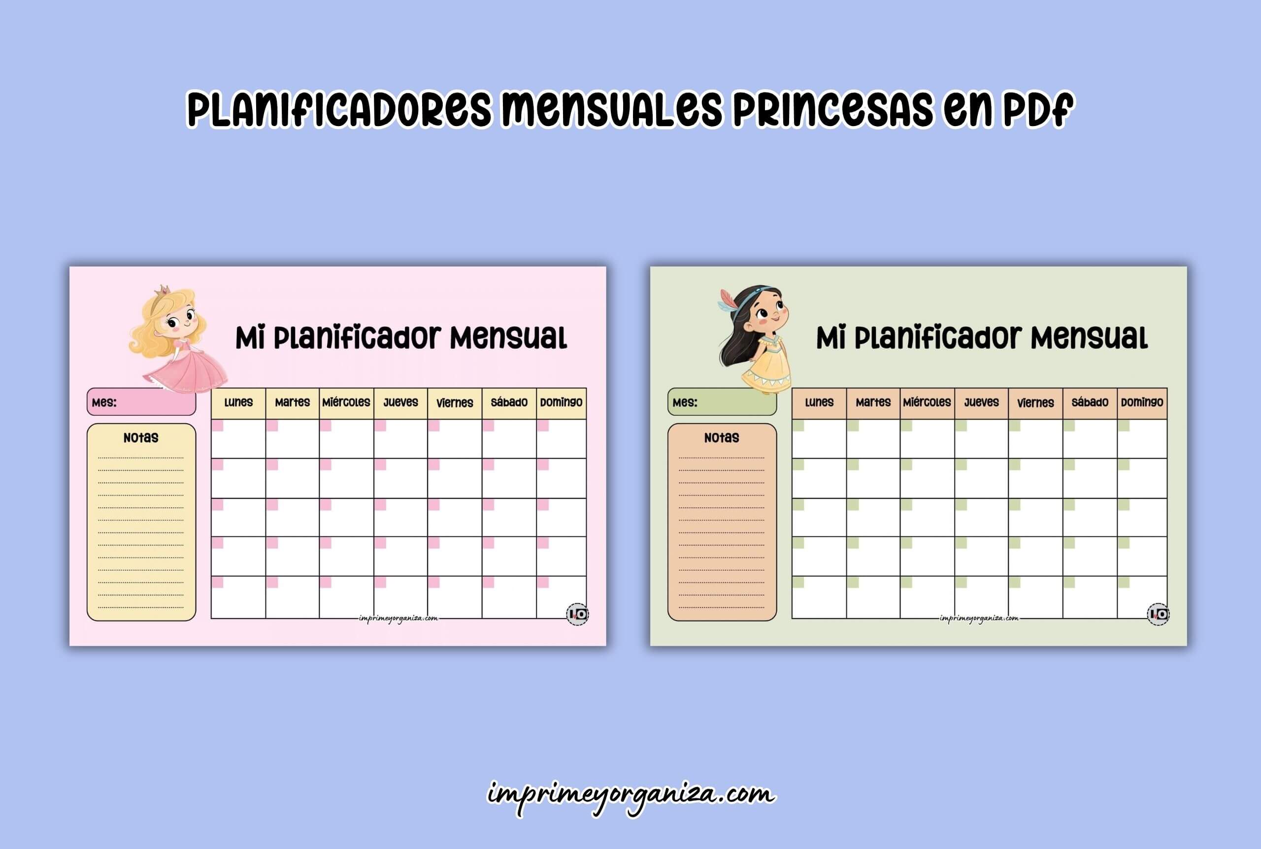 planificadores mensuales de princesas pastel para imprimir en PDF gratis